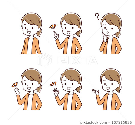 Illustration of a woman in plain clothes in various poses Illustration of a woman in plain clothes in various poses 107515936