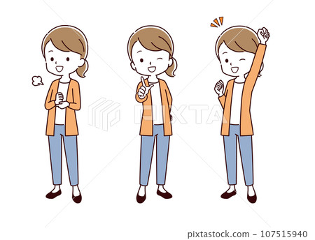 Illustration of a woman in plain clothes in various poses 107515940