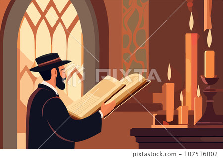 Jew hassid, rabbi in synagogue reads Torah. Vector illustration, Jewish Jew hassid, rabbi in synagogue reads Torah. Vector illustration, Jewish 107516002