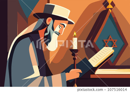 Jew hassid, rabbi in synagogue reads Torah. Vector illustration, Jewish 107516014