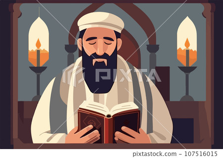 Jew reading torah Judaism religion in synagogue rabbis vector illustration. 107516015