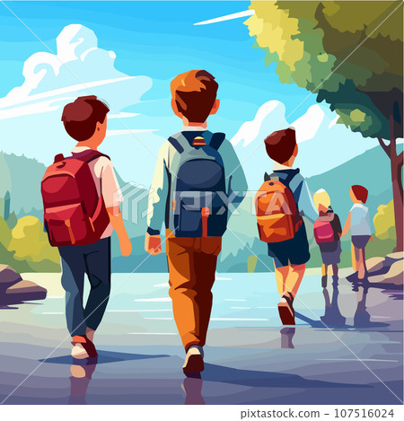 Back to school, schoolchildren with backpacks are walking along the road. vector illustration Back to school, schoolchildren with backpacks are walking along the road. vector illustration 107516024