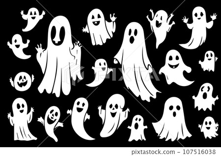 Halloween set funny ghosts with pumpkins on color background, vector Halloween set funny ghosts with pumpkins on color background, vector 107516038