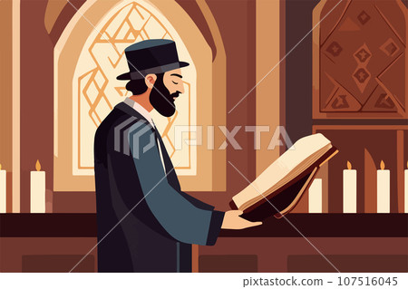 Pious jew prays in synagogue, reading torah, vector illustration, religion 107516045