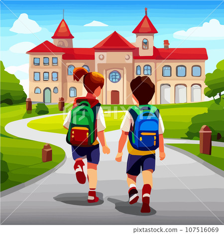 Back to school vector illustration. Little girl, boy go to school building, back view. Green landscape with construction, way, plants, trees. Back to school vector illustration. Little girl, boy go to school building, back view. Green landscape with construction, way, plants, trees. 107516069