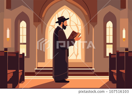 Pious jew prays in synagogue, reading torah, vector illustration, religion 107516103