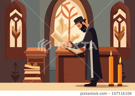 Jewish vector illustration series, jew reading torah in synagogue vector 107516106