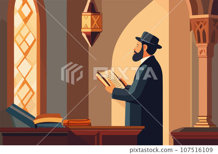 Jew reading torah Judaism religion in synagogue rabbis vector illustration. 107516109