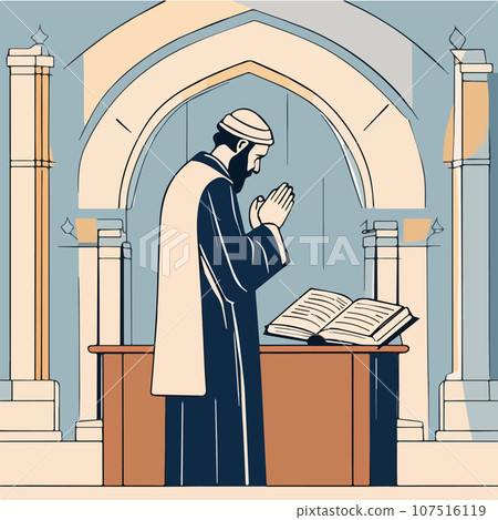 Religious Jew reads Torah in synagogue. Vector illustration, Jewish holidays Religious Jew reads Torah in synagogue. Vector illustration, Jewish holidays 107516119