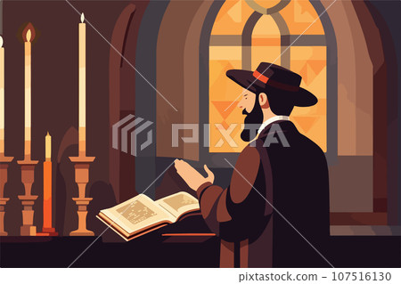 Religious Jew after attending synagogue reading Torah vector illustration. 107516130