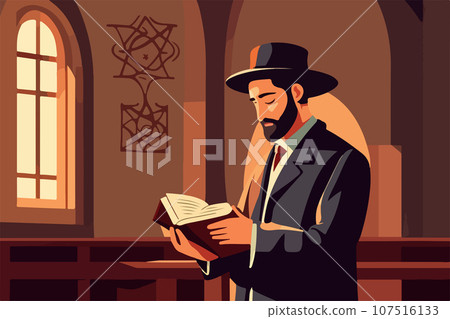 Jew reading torah Judaism religion in synagogue rabbis vector illustration. 107516133