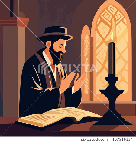 Cartoon jew character composition with flat images of synagogue temple indoor Cartoon jew character composition with flat images of synagogue temple indoor 107516134