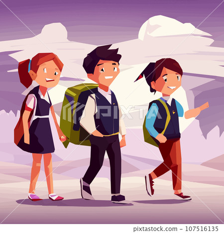 Back to school, schoolchildren with backpacks are walking along the road. vector illustration 107516135