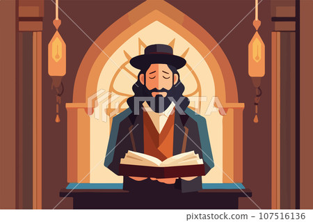 Religious Jew after attending synagogue reading Torah vector illustration. 107516136