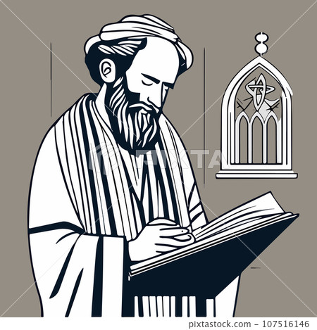 Religious Jew reads Torah in synagogue. Vector illustration, Jewish holidays 107516146