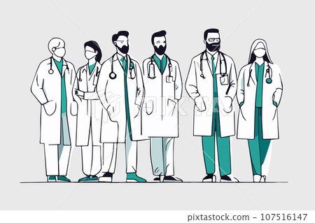 Set of smiling doctors, nurses. Different male, female medic workers in uniform 107516147