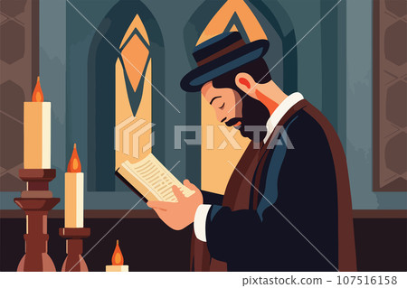 Religious Jew after attending synagogue reading Torah vector illustration. Religious Jew after attending synagogue reading Torah vector illustration. 107516158