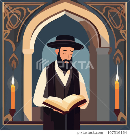 Religious Jew reads Torah in synagogue. Vector illustration, Jewish holidays Religious Jew reads Torah in synagogue. Vector illustration, Jewish holidays 107516164