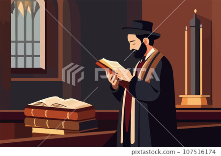 Pious jew prays in synagogue, reading torah, vector illustration, religion 107516174