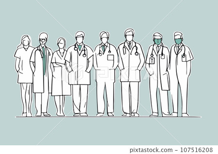 Sketch Diverse group medics or health workers standing in line wearing uniforms 107516208