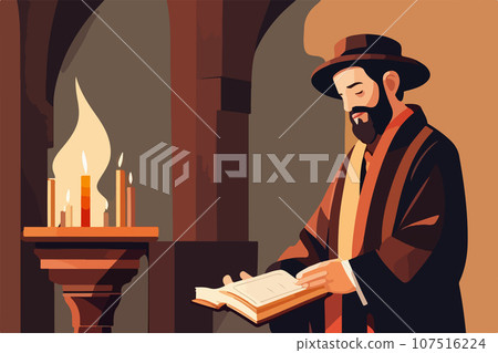 Jew hassid, rabbi in synagogue reads Torah. Vector illustration, Jewish 107516224