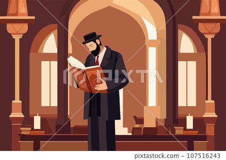 Pious jew prays in synagogue, reading torah, vector illustration, religion Pious jew prays in synagogue, reading torah, vector illustration, religion 107516243