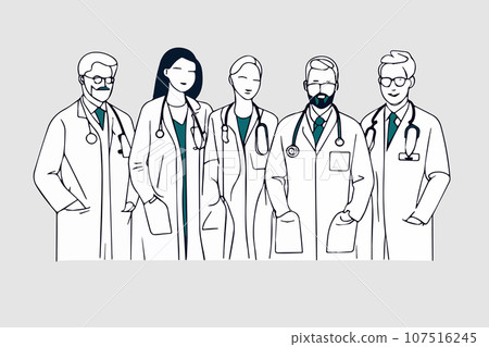 Set of smiling doctors, nurses. Different male, female medic workers in uniform 107516245