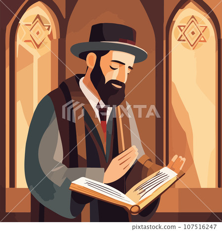 Cartoon jew character composition with flat images of synagogue temple indoor 107516247