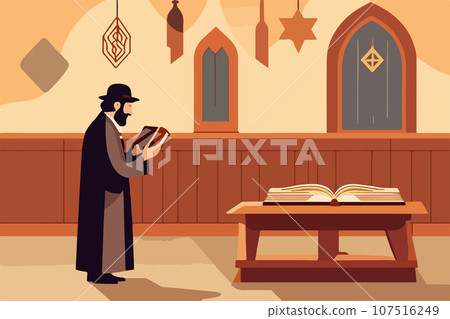 Religious Jew after attending synagogue reading Torah vector illustration. 107516249