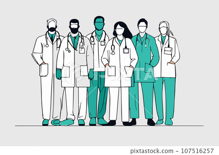 Sketch Diverse group medics or health workers standing in line wearing uniforms Sketch Diverse group medics or health workers standing in line wearing uniforms 107516257