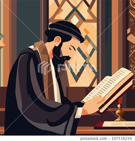 Cartoon jew character composition with flat images of synagogue temple indoor Cartoon jew character composition with flat images of synagogue temple indoor 107516259