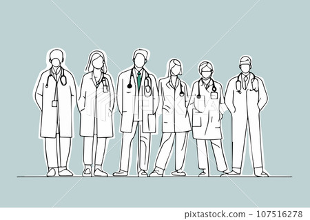 Set of smiling doctors, nurses. Different male, female medic workers in uniform Set of smiling doctors, nurses. Different male, female medic workers in uniform 107516278