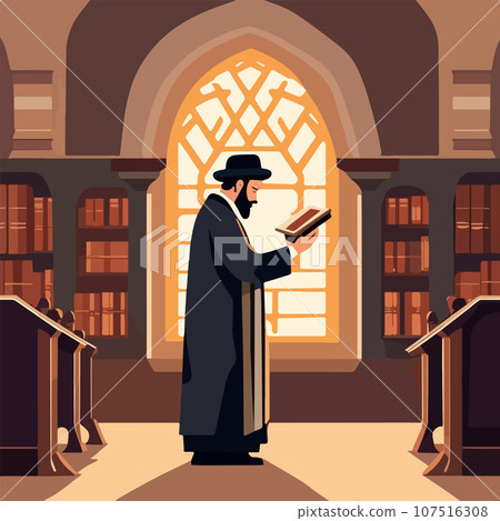 Cartoon jew character composition with flat images of synagogue temple indoor 107516308