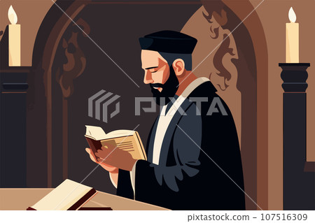 Pious jew prays in synagogue, reading torah, vector illustration, religion Pious jew prays in synagogue, reading torah, vector illustration, religion 107516309