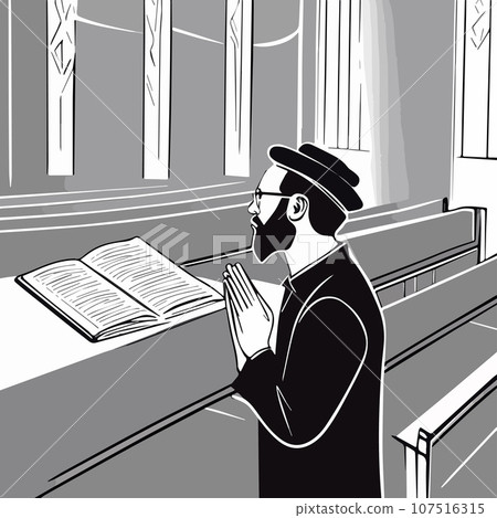 Religious Jew reads Torah in synagogue. Vector illustration, Jewish holidays Religious Jew reads Torah in synagogue. Vector illustration, Jewish holidays 107516315