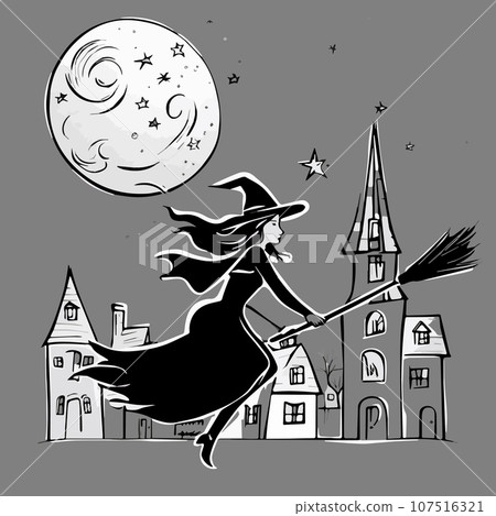 Vector illustration action holiday halloween Witch flying on broom full moon Vector illustration action holiday halloween Witch flying on broom full moon 107516321
