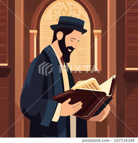 Cartoon jew character composition with flat images of synagogue temple indoor 107516340