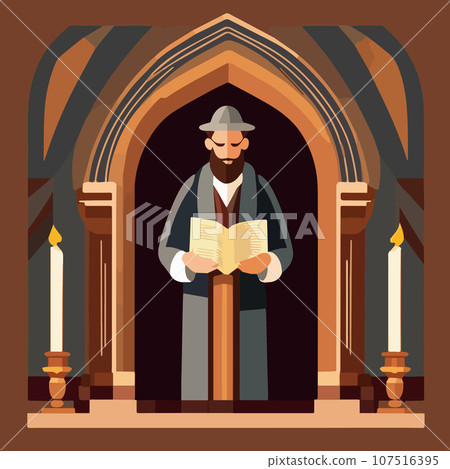 Cartoon jew character composition with flat images of synagogue temple indoor 107516395