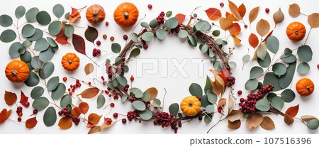 Thanksgiving day or Halloween concept banner. Top view white background decor from pumpkin, red berry, green leaves with copy space. autumn and fall season background. 107516396