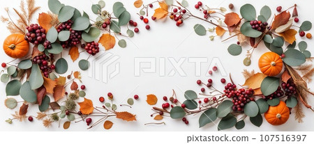 Thanksgiving day or Halloween concept banner. Top view white background decor from pumpkin, red berry, green leaves with copy space. autumn and fall season background. 107516397