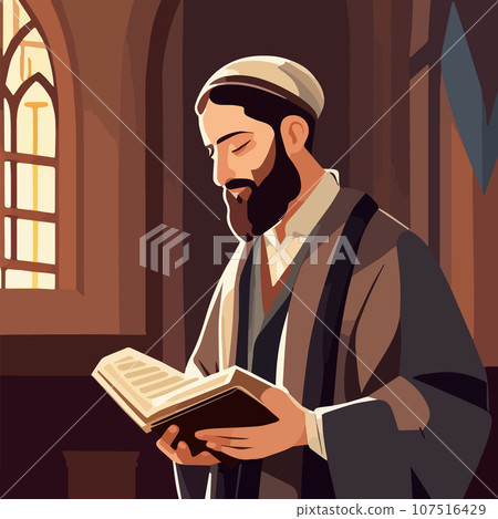 Cartoon jew character composition with flat images of synagogue temple indoor 107516429