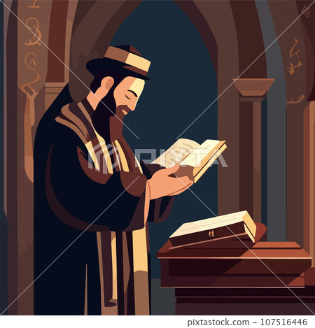 Religious Jew reads Torah in synagogue. Vector illustration, Jewish holidays 107516446