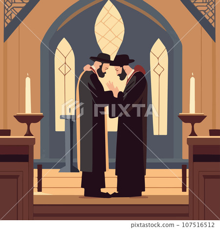 Religious Jew reads Torah in synagogue. Vector illustration, Jewish holidays Religious Jew reads Torah in synagogue. Vector illustration, Jewish holidays 107516512