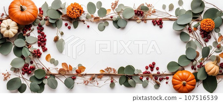 Thanksgiving day or Halloween concept banner. Top view white background decor from pumpkin, red berry, green leaves with copy space. autumn and fall season background. Thanksgiving day or Halloween concept banner. Top view white background decor from pumpkin, red berry, green leaves with copy space. autumn and fall season background. 107516539