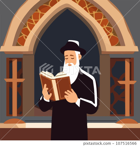 Religious Jew reads Torah in synagogue. Vector illustration, Jewish holidays Religious Jew reads Torah in synagogue. Vector illustration, Jewish holidays 107516566