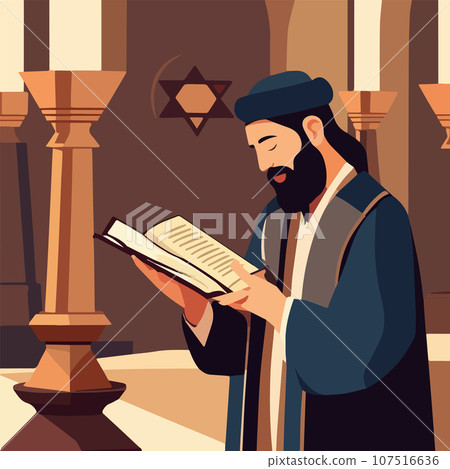 Cartoon jew character composition with flat images of synagogue temple indoor 107516636