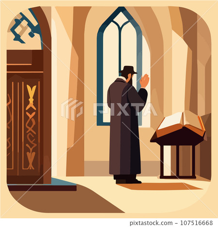 Cartoon jew character composition with flat images of synagogue temple indoor 107516668