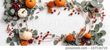 Thanksgiving day or Halloween concept banner. Top view white background decor from pumpkin, red berry, green leaves with copy space. autumn and fall season background. Thanksgiving day or Halloween concept banner. Top view white background decor from pumpkin, red berry, green leaves with copy space. autumn and fall season background. 107516720