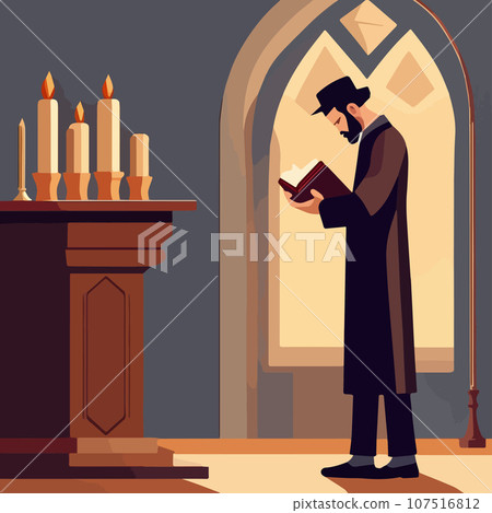Cartoon jew character composition with flat images of synagogue temple indoor Cartoon jew character composition with flat images of synagogue temple indoor 107516812