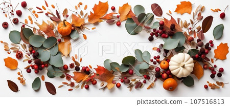 Thanksgiving day or Halloween concept banner. Top view white background decor from pumpkin, red berry, green leaves with copy space. autumn and fall season background. 107516813